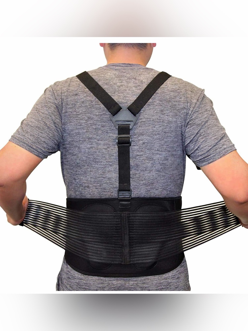 Adjustable Black Back Support Belt with Suspenders - unisex